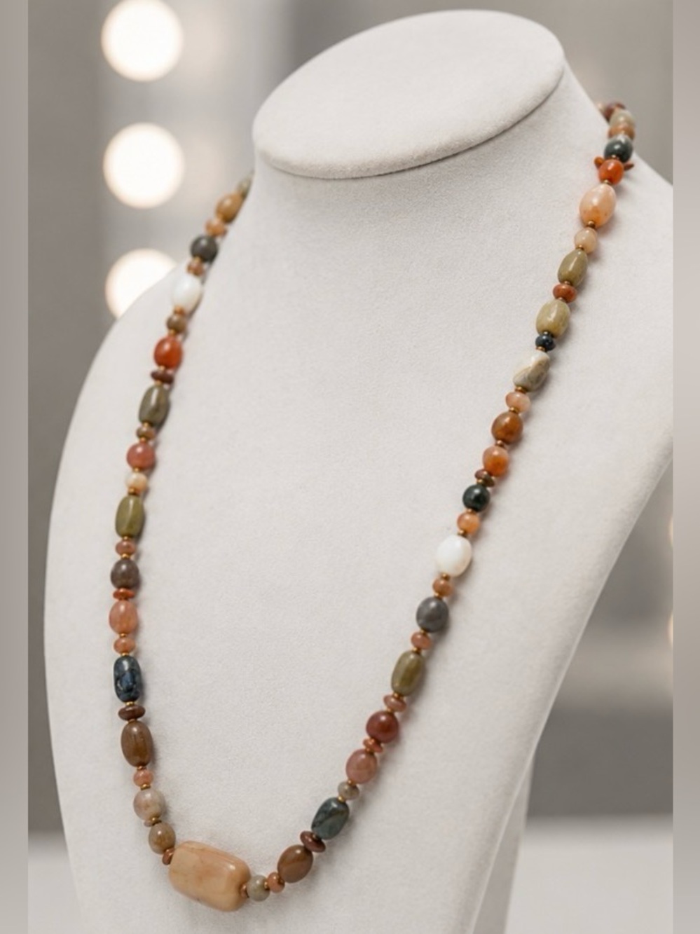Vintage Artisan Genuine Stone Bead Necklace | Earth Tone | Barrel Clasp | 70s–90 - Picture 2 of 9